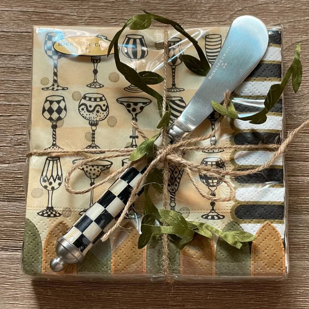 MacKenzie-Childs Napkin & Cheese Spreader Gift Set-NEW- Courtly Hostess Charm